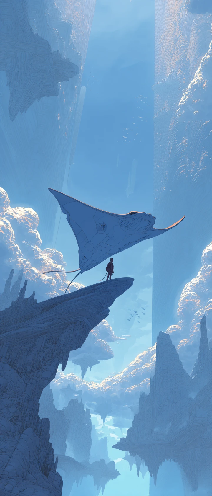 Sky nomad riding crystalline manta ray through cloud canyons