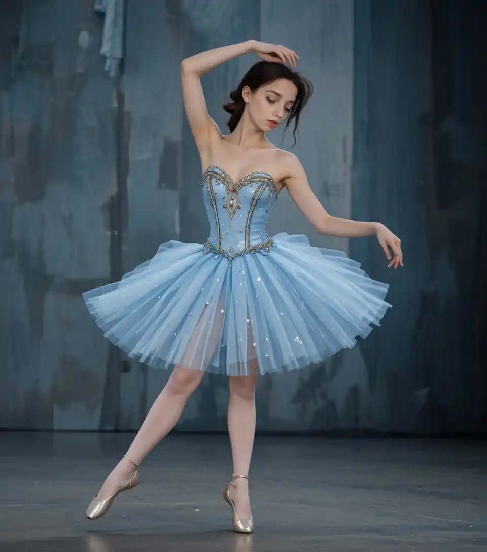 Graceful ballerina posing in a blue tutu on stage