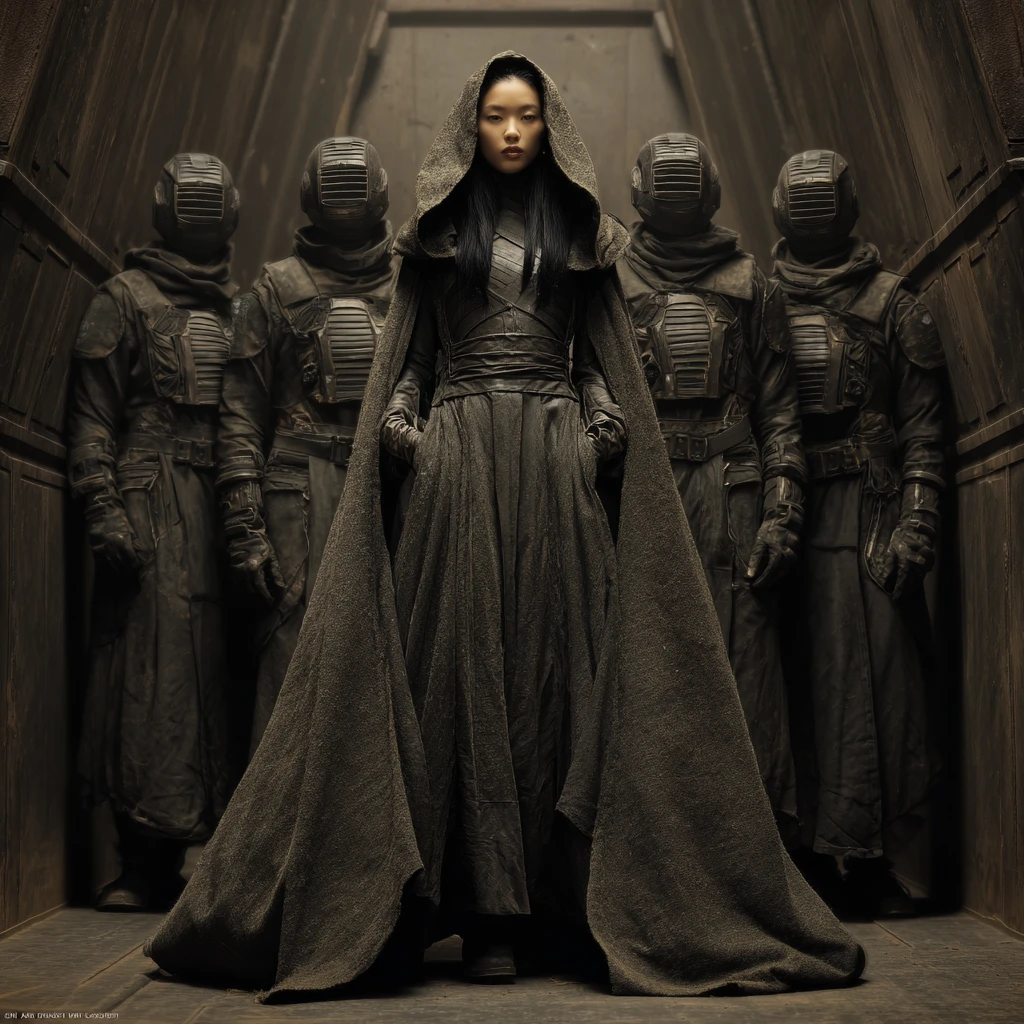 Asian princess in dark robe aboard futuristic spacecraft