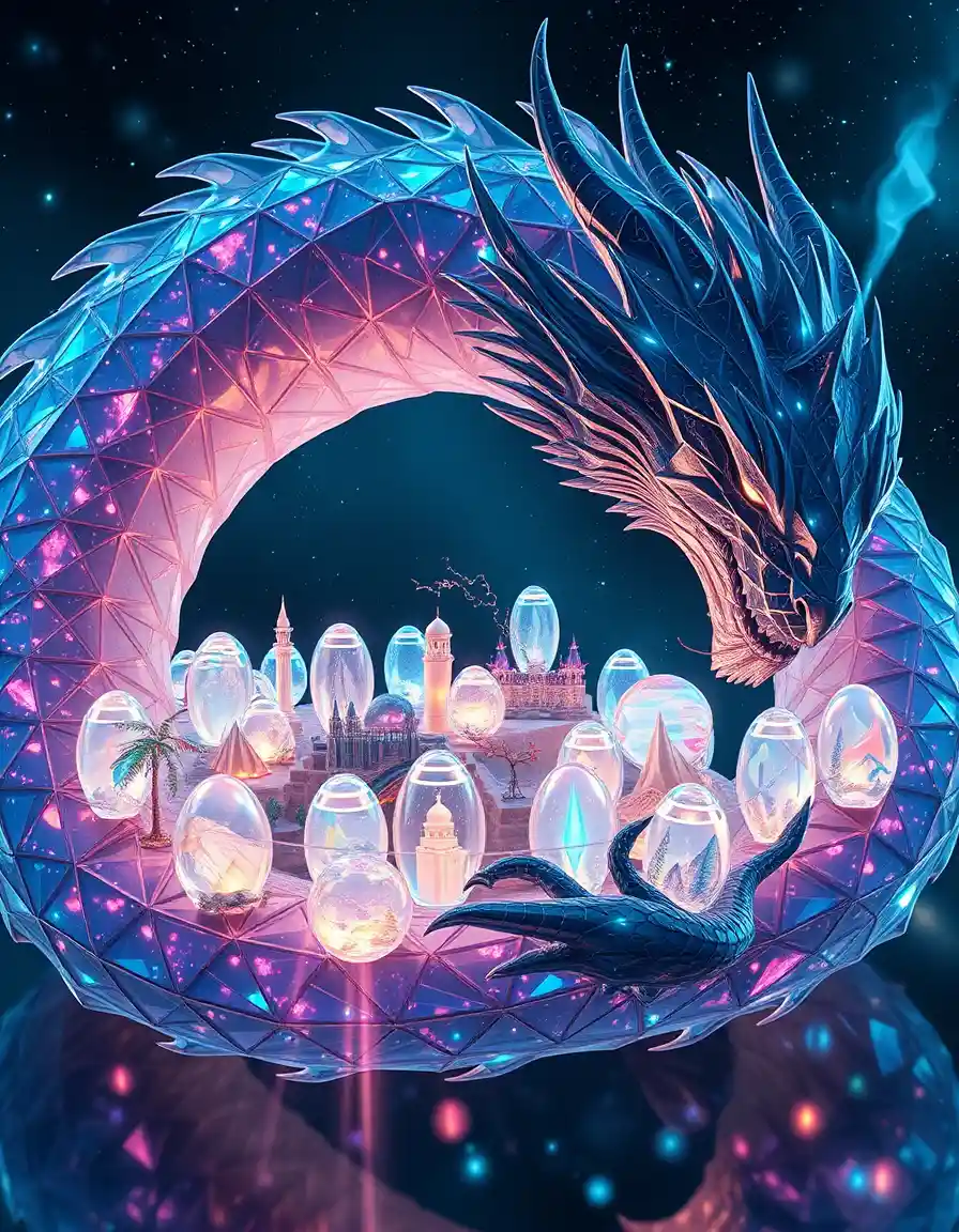 Cosmic crystal dragon guarding luminous multiverse eggs