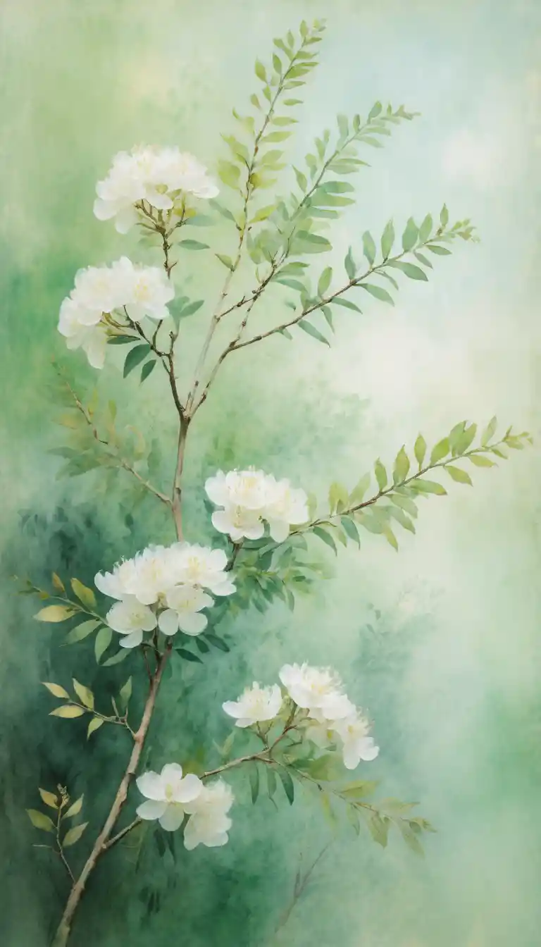 Acquerello impressionista di fiori bianchi su sfondo verde