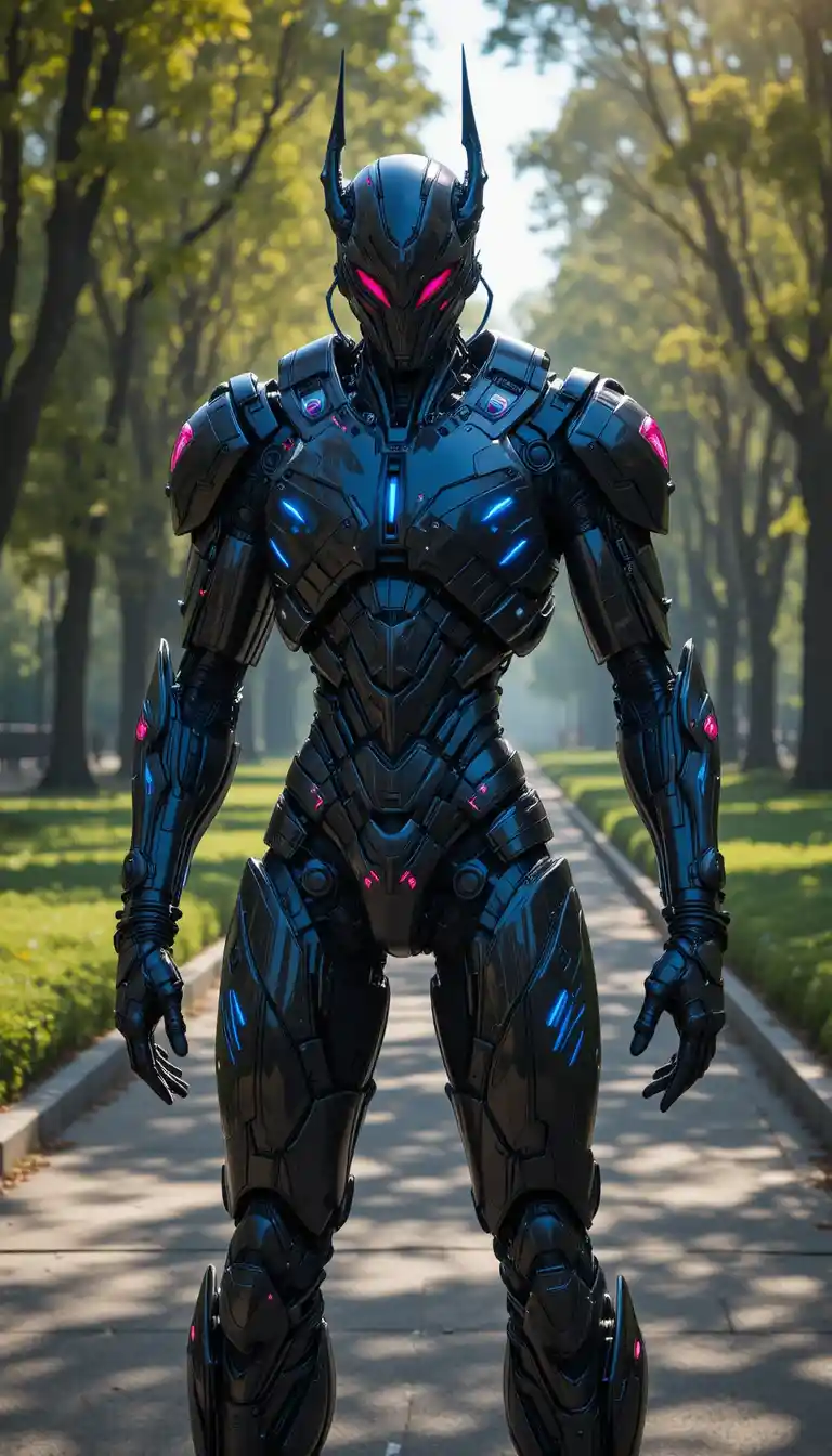 Futuristic humanoid robot in armor in a sunny park