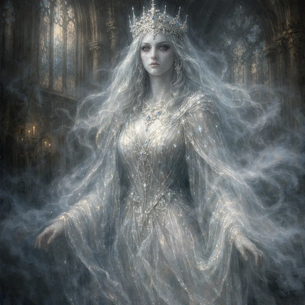 Ethereal Spectral Queen In Gothic Cathedral Interior