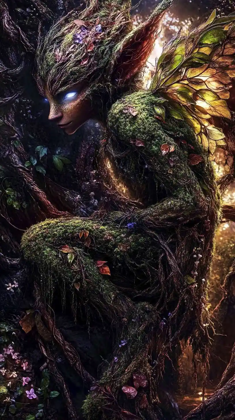 Serene forest sprite resting among ancient roots and vines