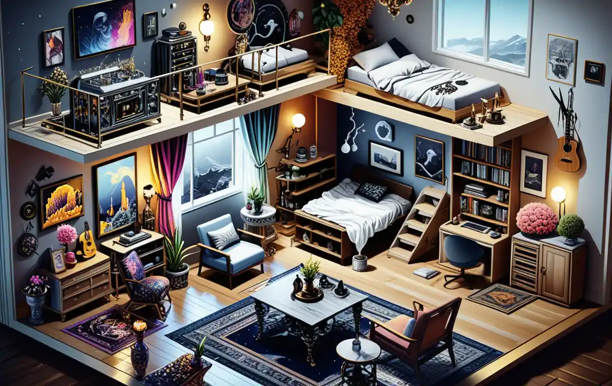 Isometric 3d interior of a dark eclectic two story building