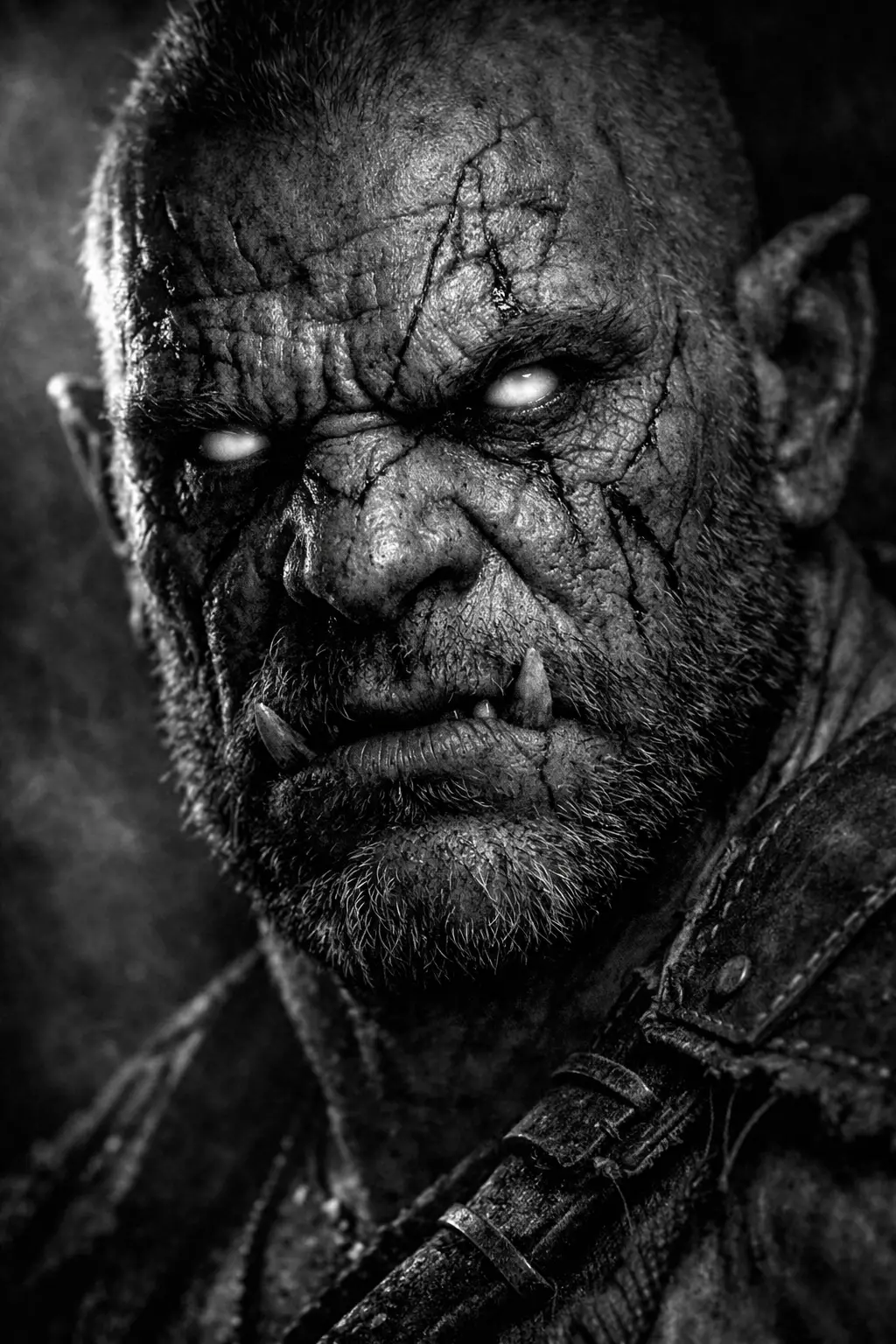 Monochrome Close Up Portrait Of Scarred Orc Warrior