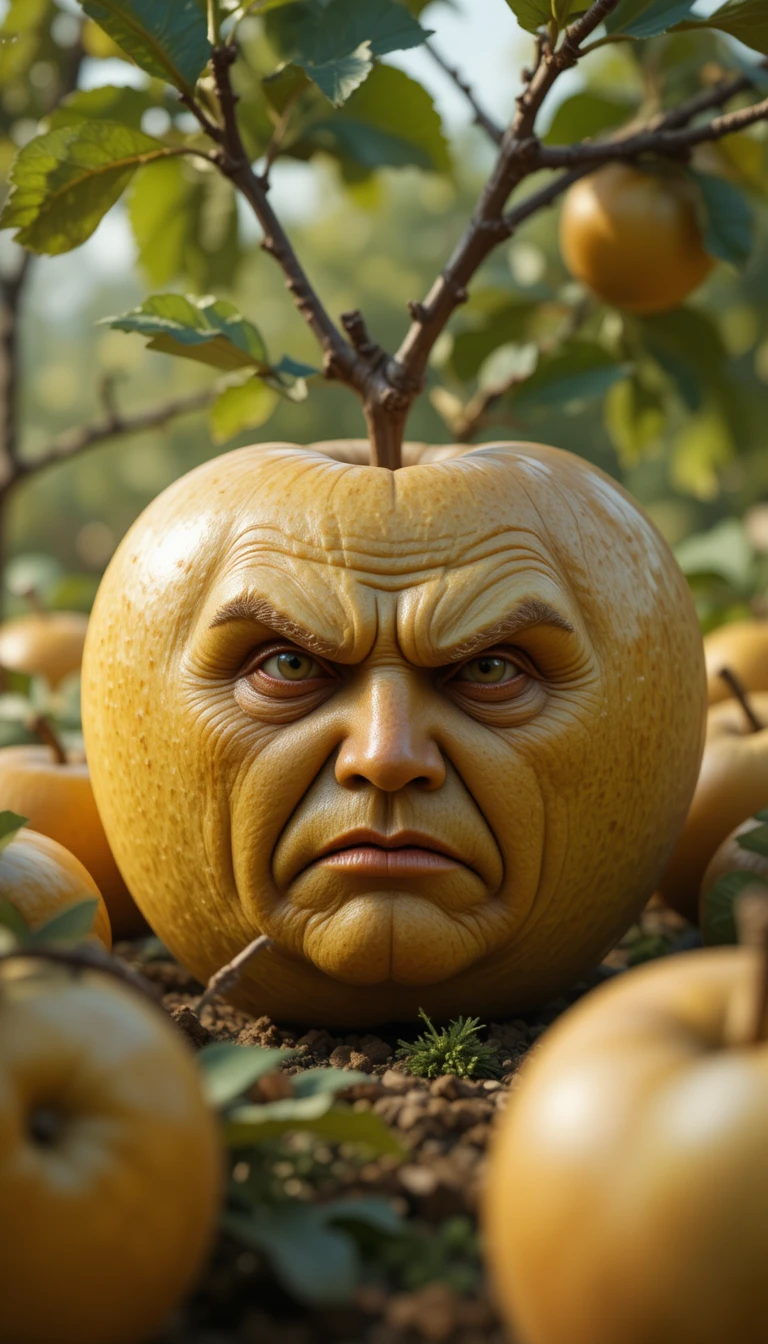 Surreal yellow apple with an elderly mans grim face