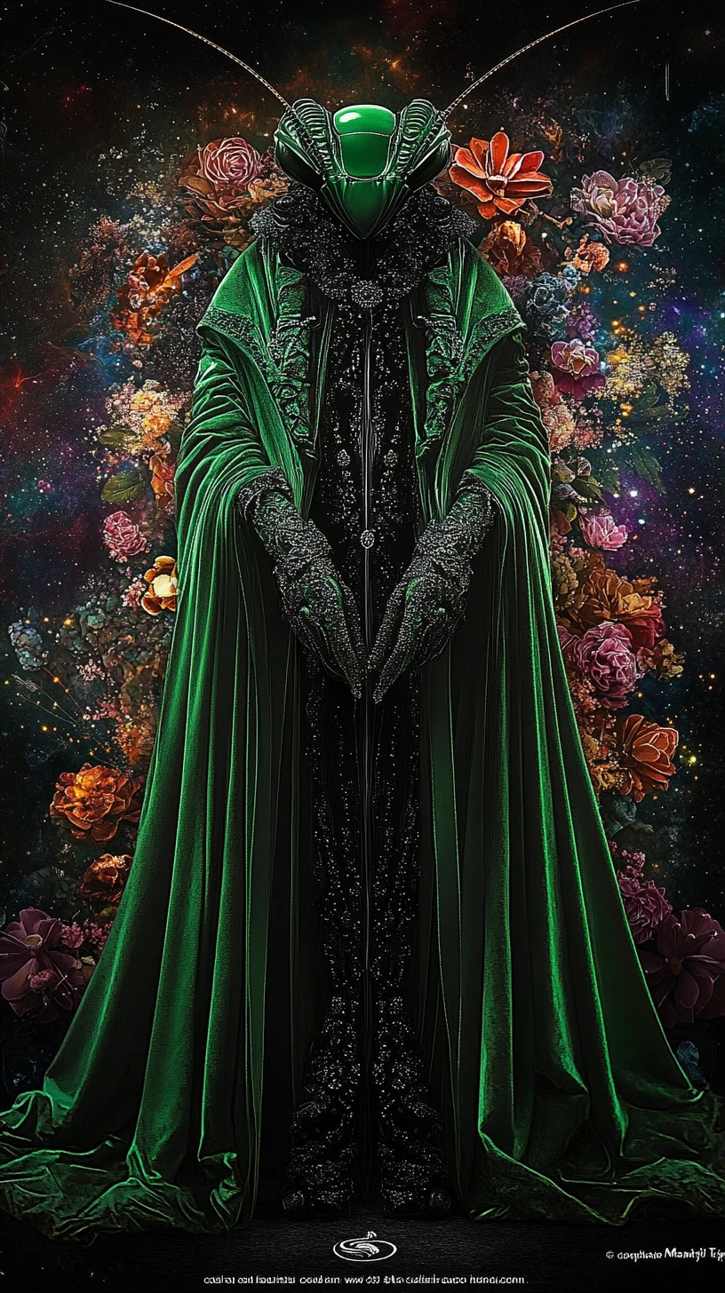Elegant mantis humanoid in layered robes against cosmic florals