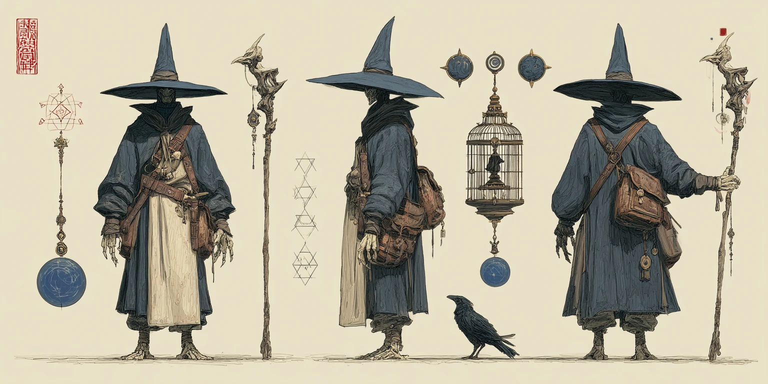 Alto mago fantasy incappucciato con volto nascosto e sfere arcane