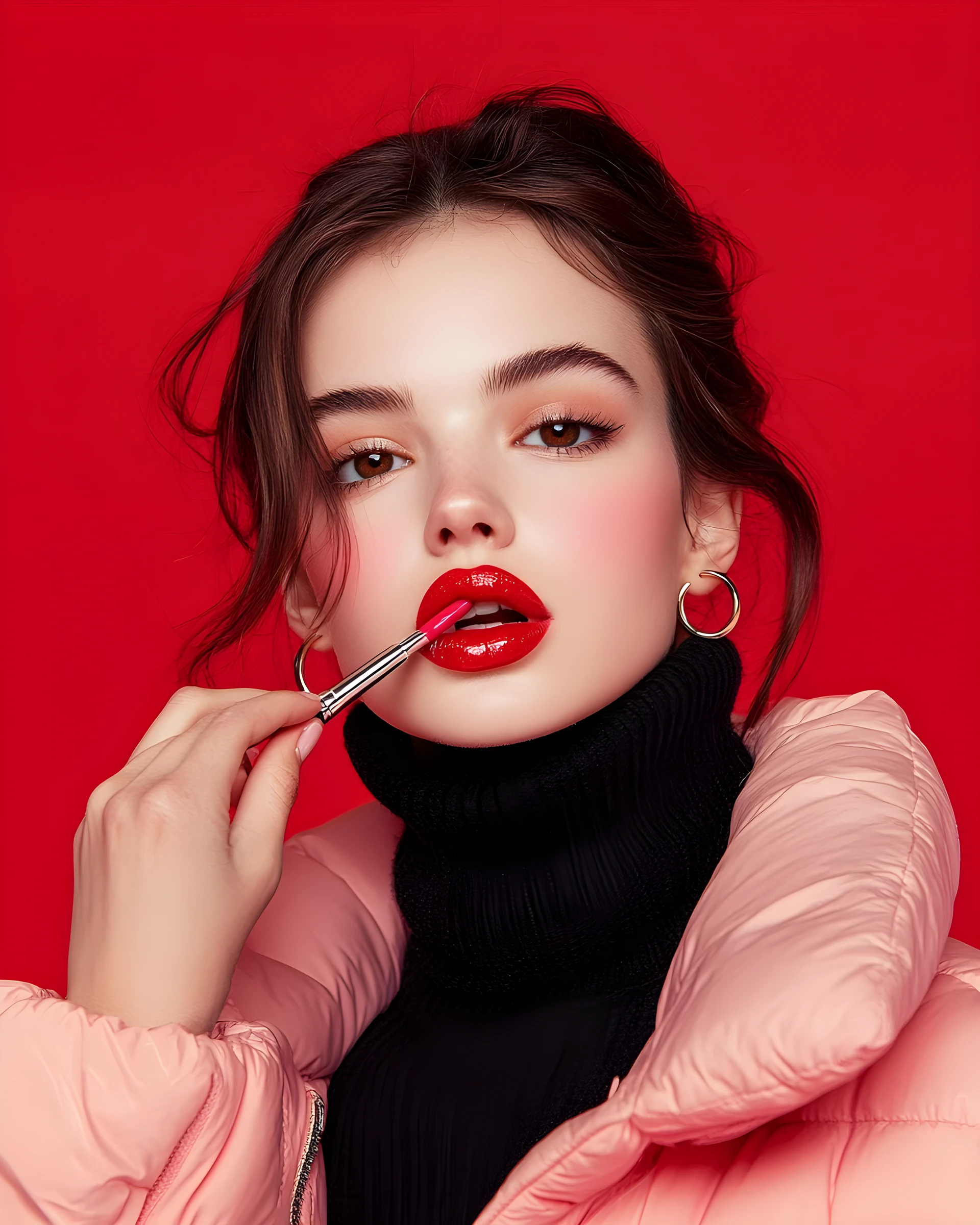 Mujer aplicando labial rojo en retrato de moda de los años 80