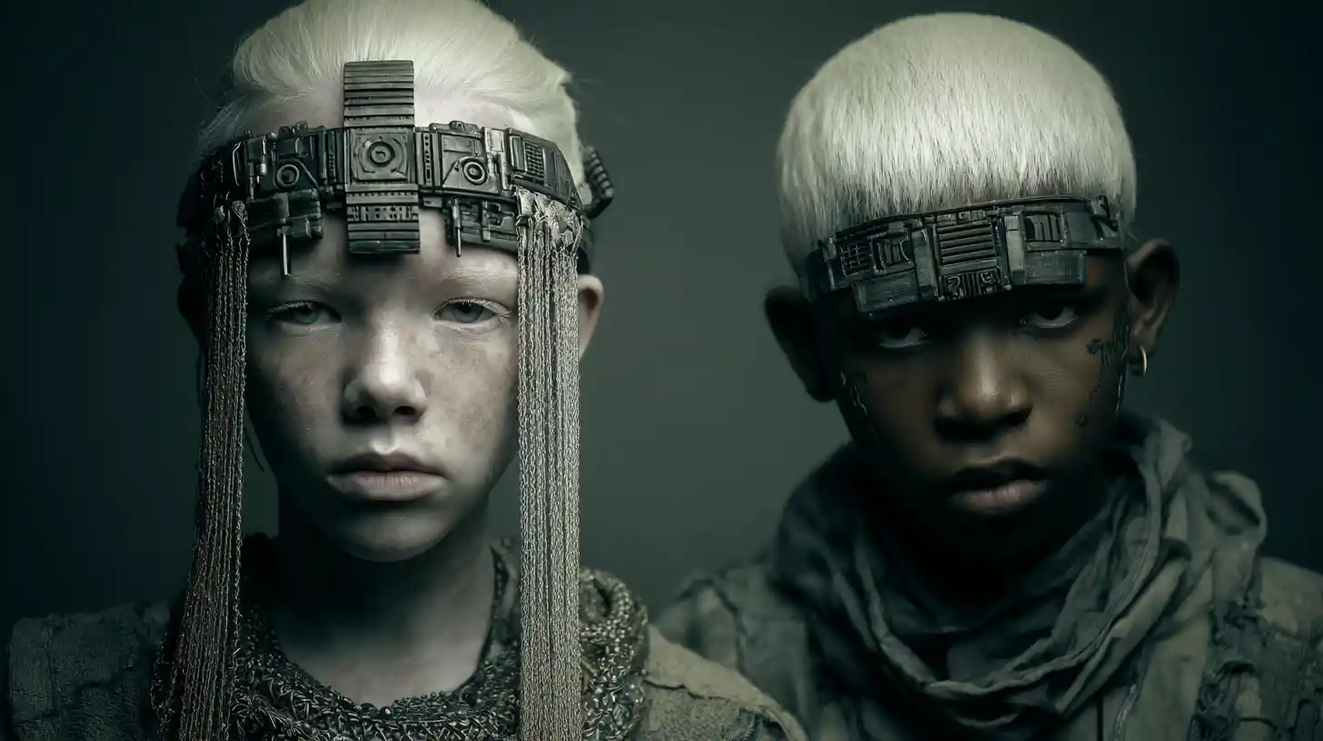 Retrato de menina africana albina em um cenário espacial futurista