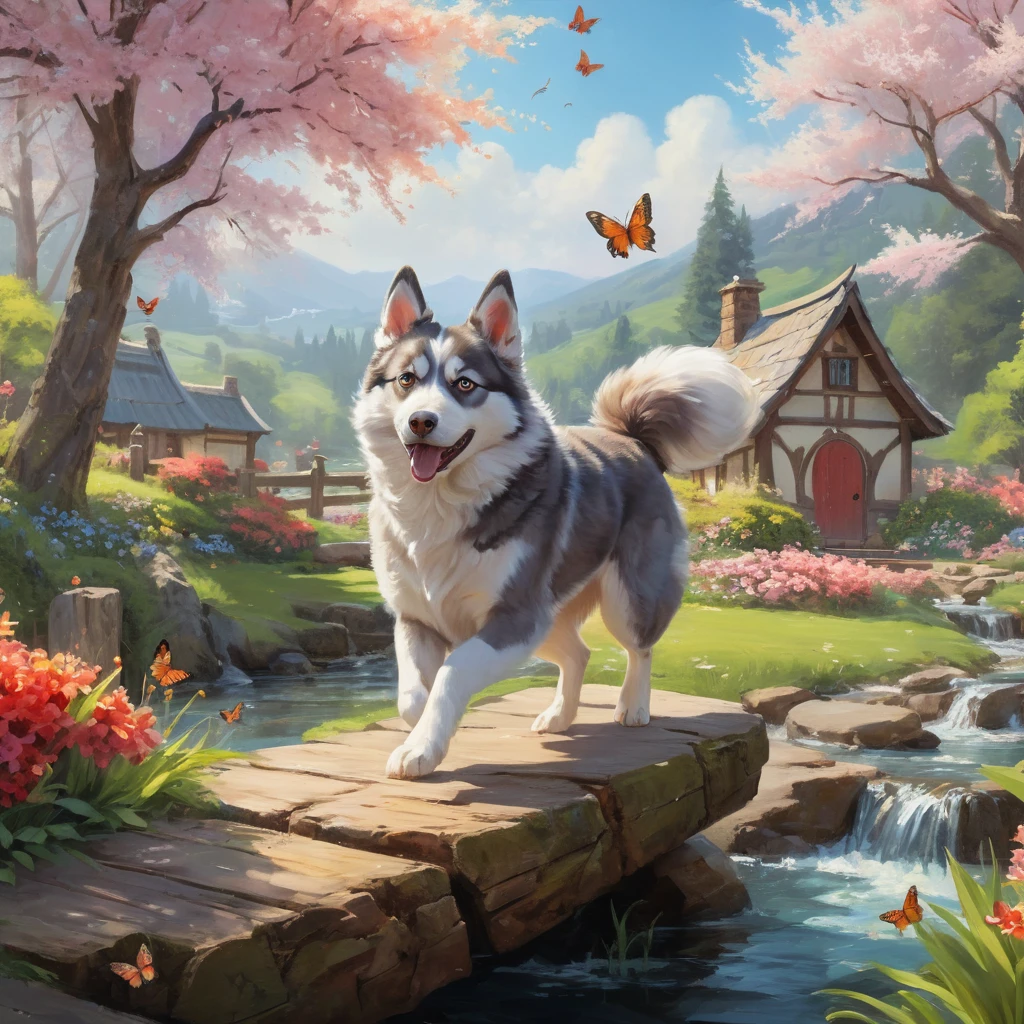 Joyful husky leaping over a rock in spring garden