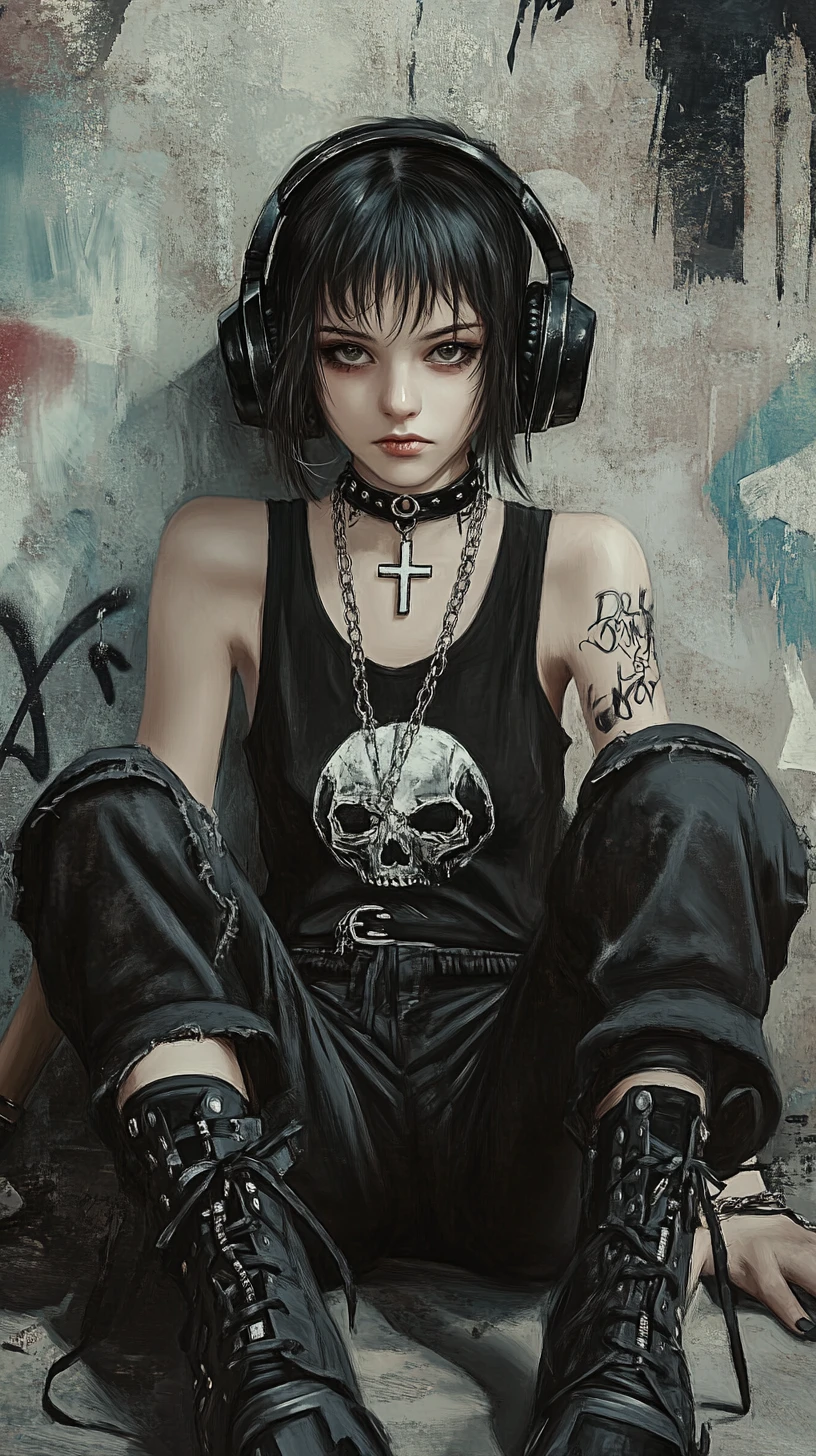Ragazza anime gotica appoggiata a un muro di cemento coperto di graffiti