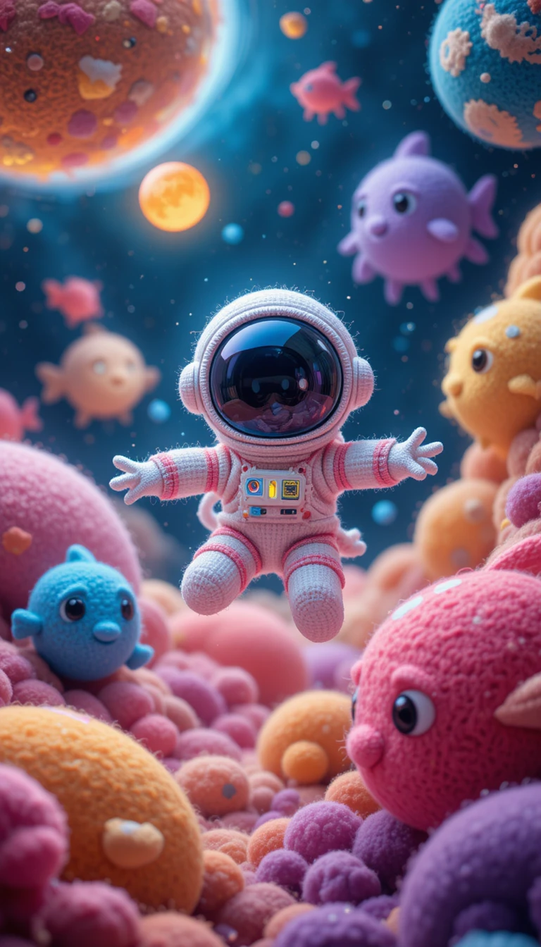 Cute wool astronaut swimming with glowing fish in space