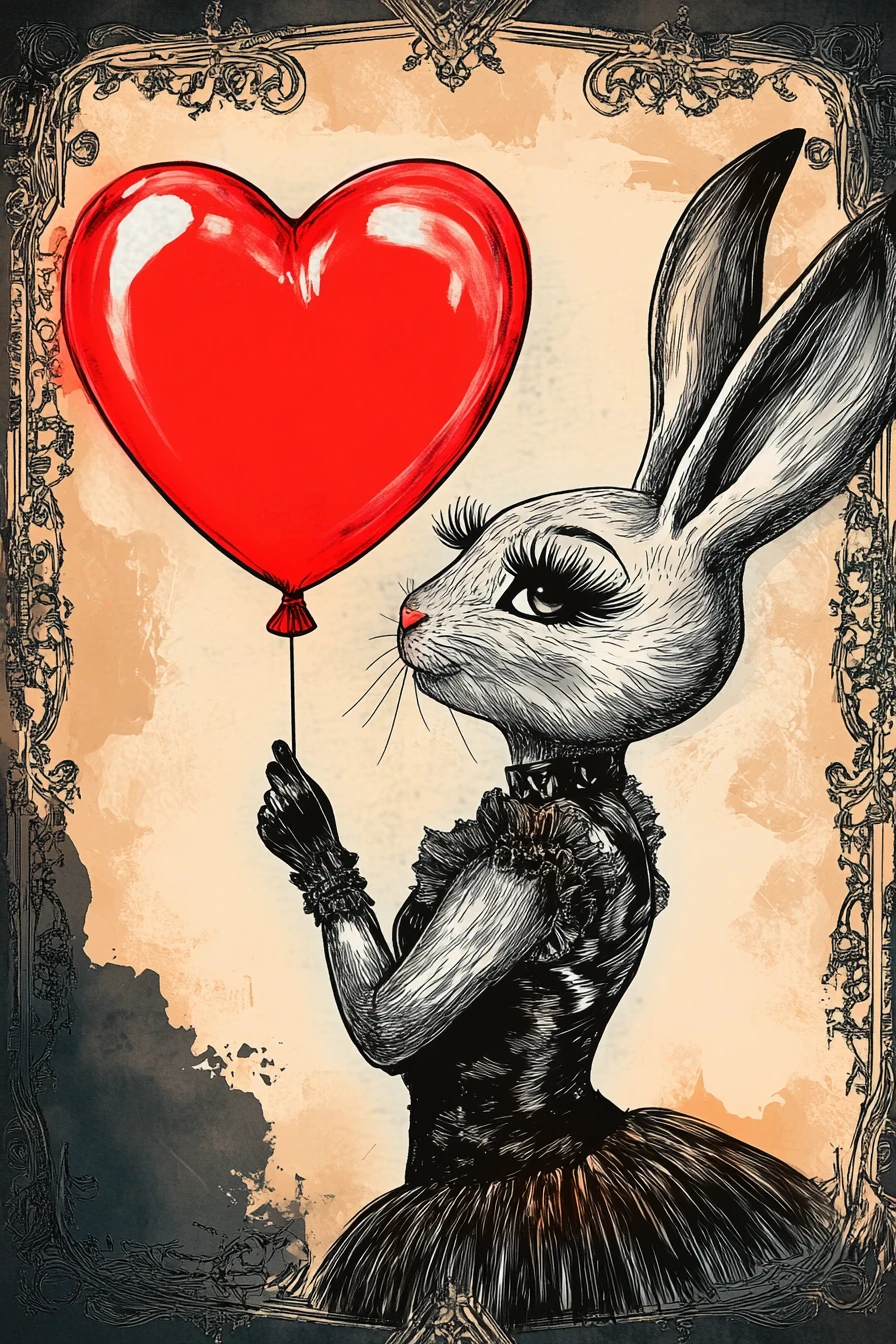 Anthropomorphic bunny diva with glowing heart balloon