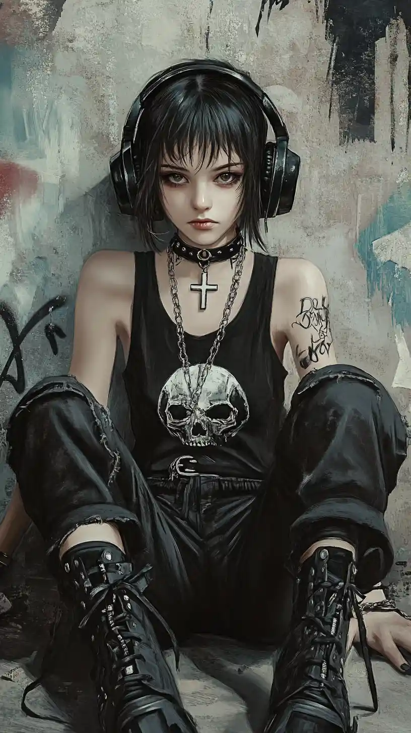 Ragazza anime gotica appoggiata a un muro di cemento coperto di graffiti