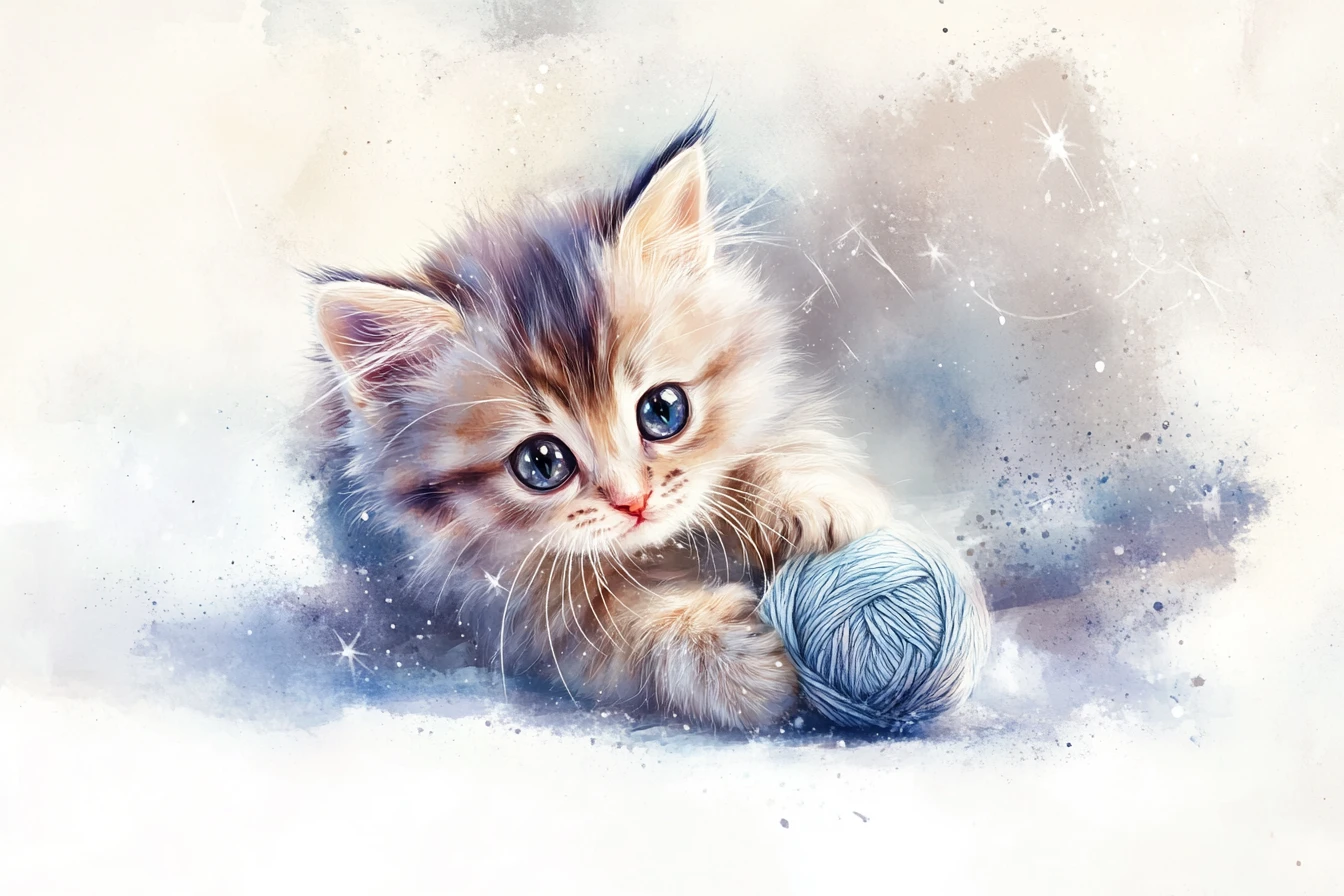 Fluffy kitten playing with yarn in soft watercolor pastels