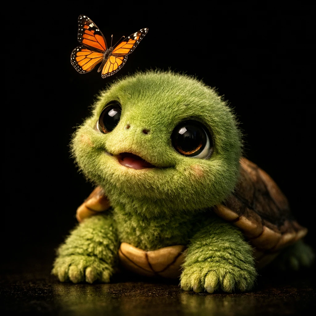 Cute baby turtle with butterfly on dark cinematic background