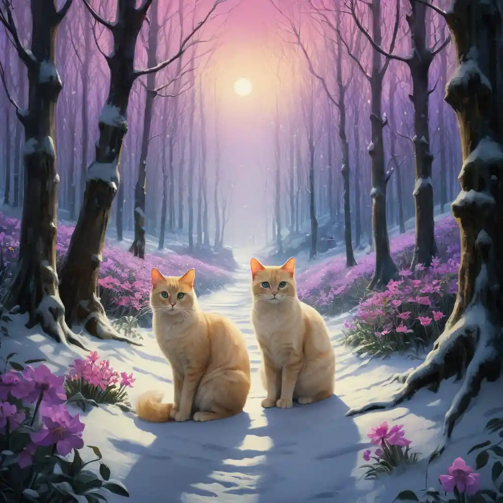 Fantasy cats watching butterflies in a snowy forest