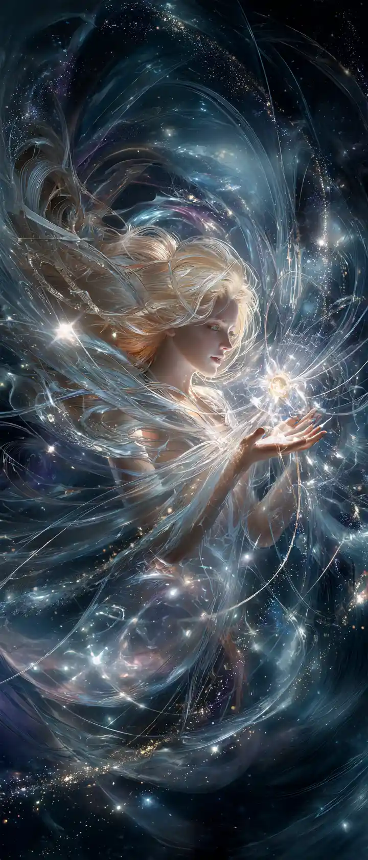 Gemelle cosmiche intrecciate di polvere di stelle e oro liquido