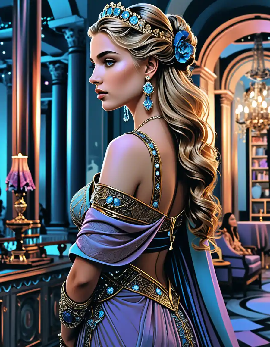 Regal blonde woman in a Roman palace evening banquet