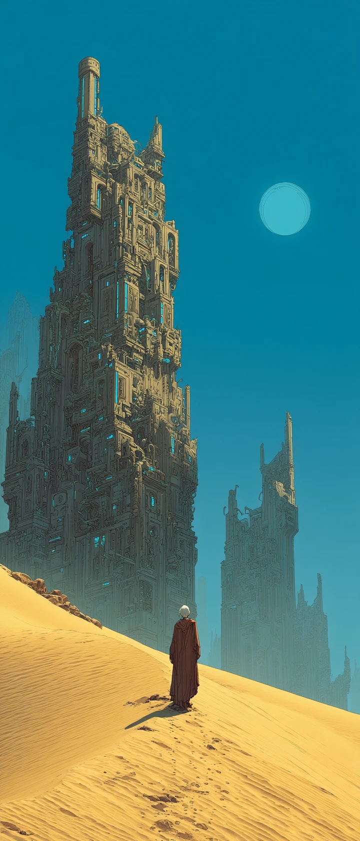 Anime wanderer above a vast biomechanical desert city