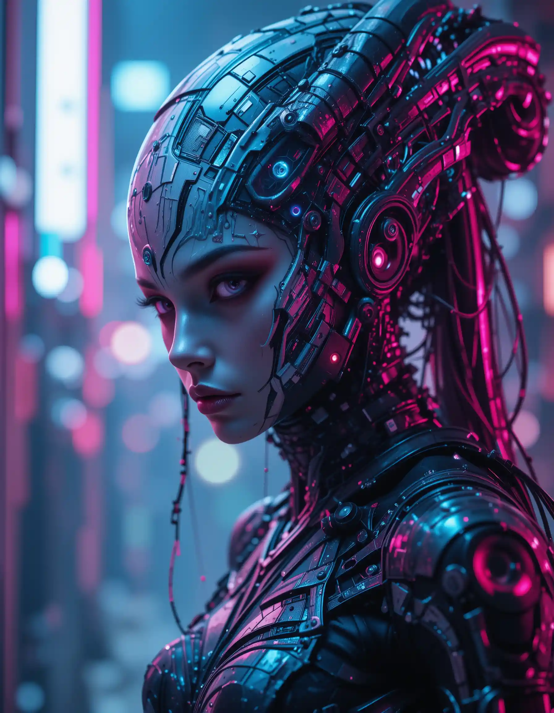 Feroz Alienígena Feminina no Brilho Neon de Cidade Cyberpunk