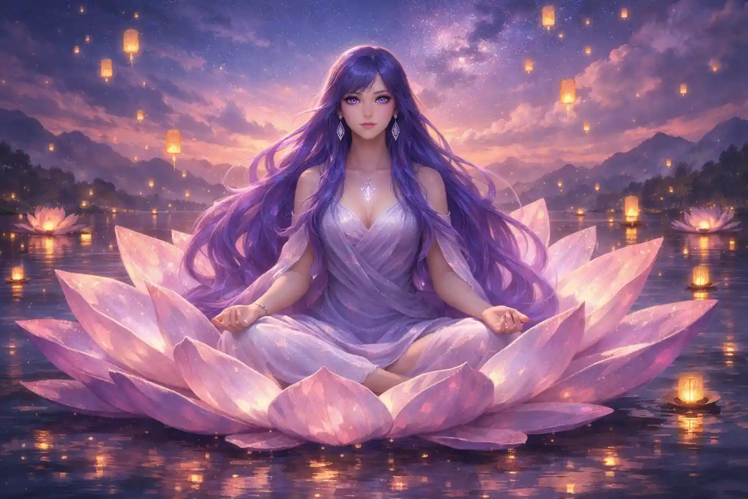 Serene woman on glowing lotus over still water at dusk