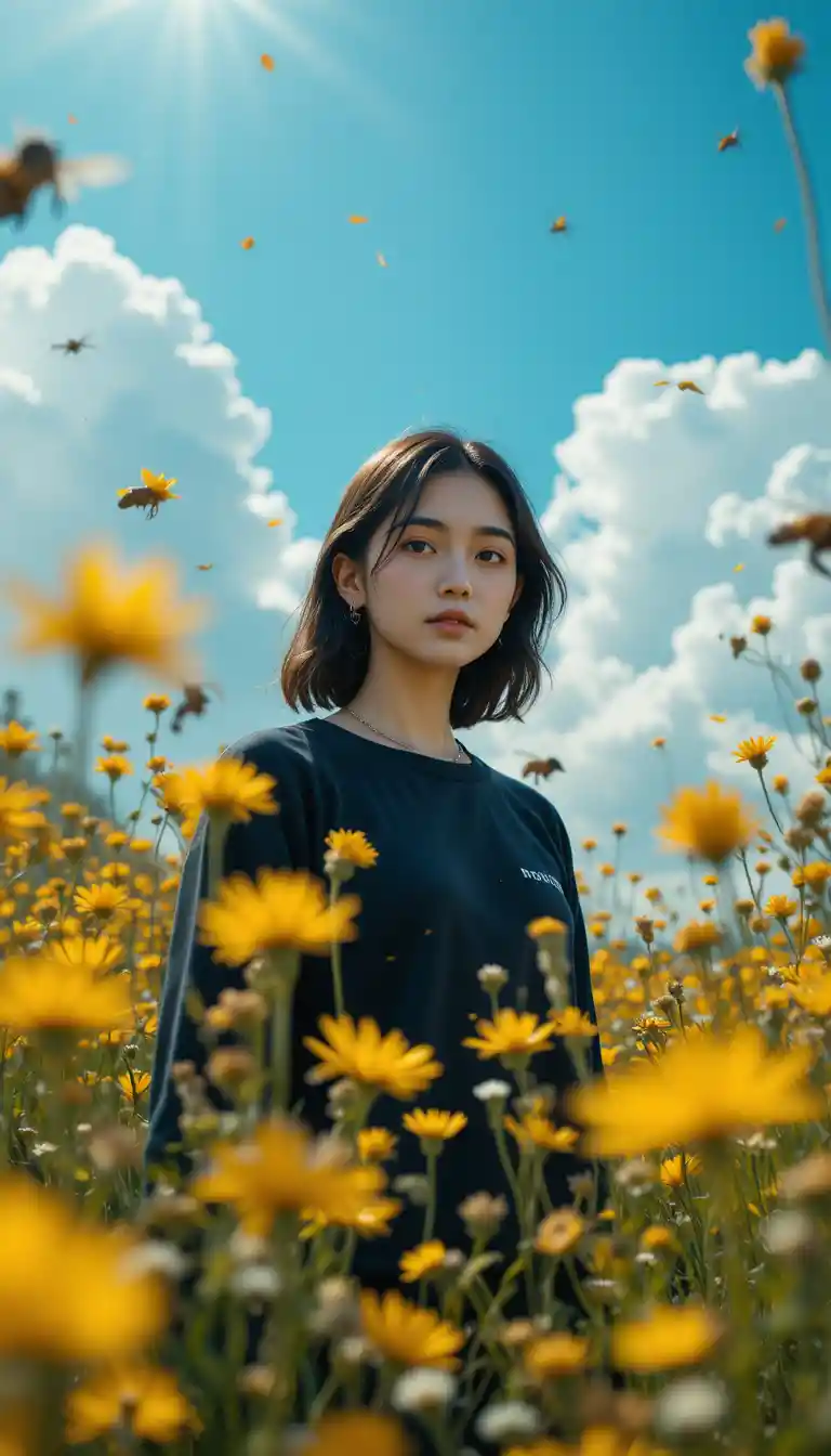 Young woman in wildflowers from dramatic low angle