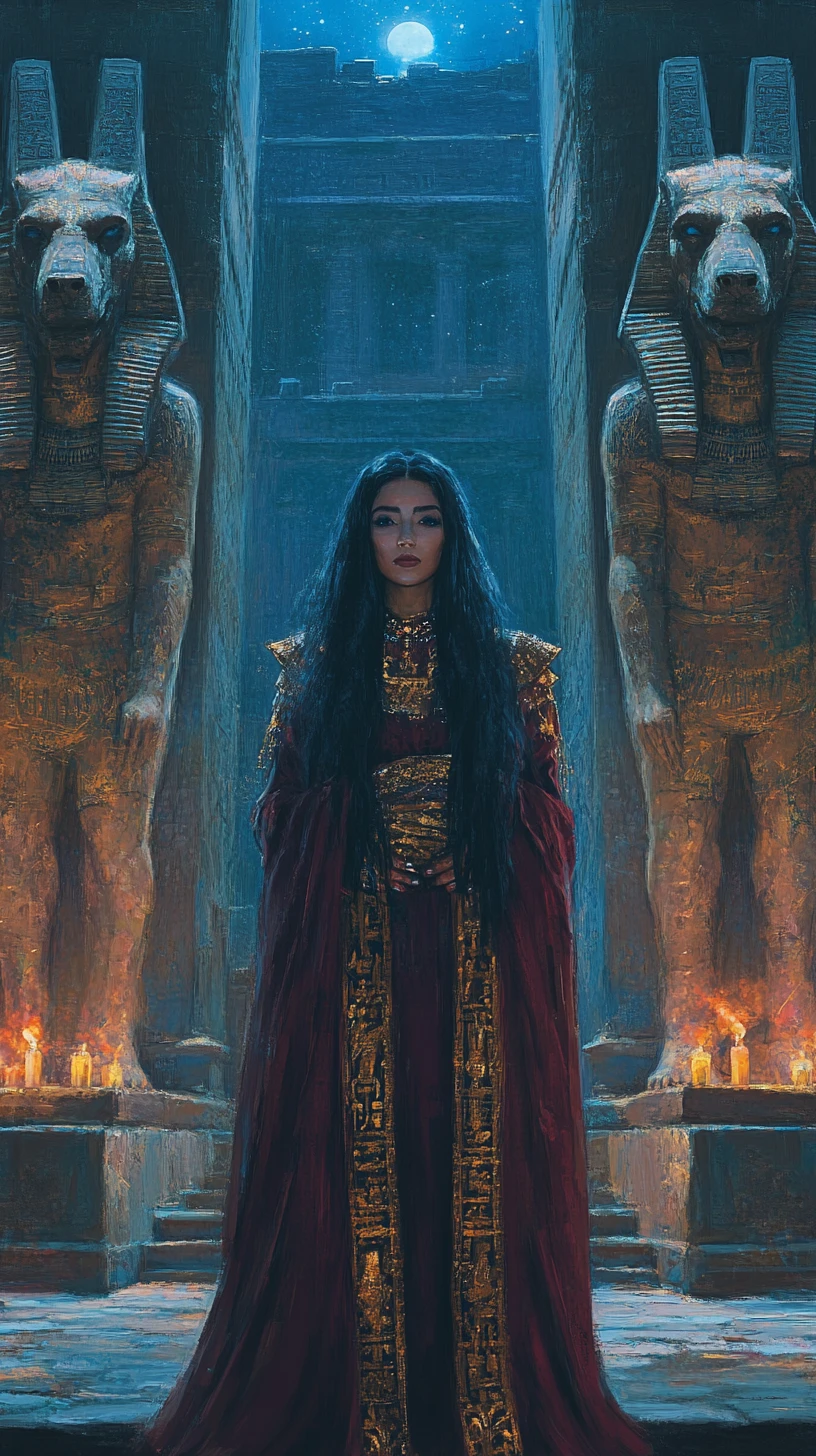 Egyptian queen in red and gold before Anubis statues