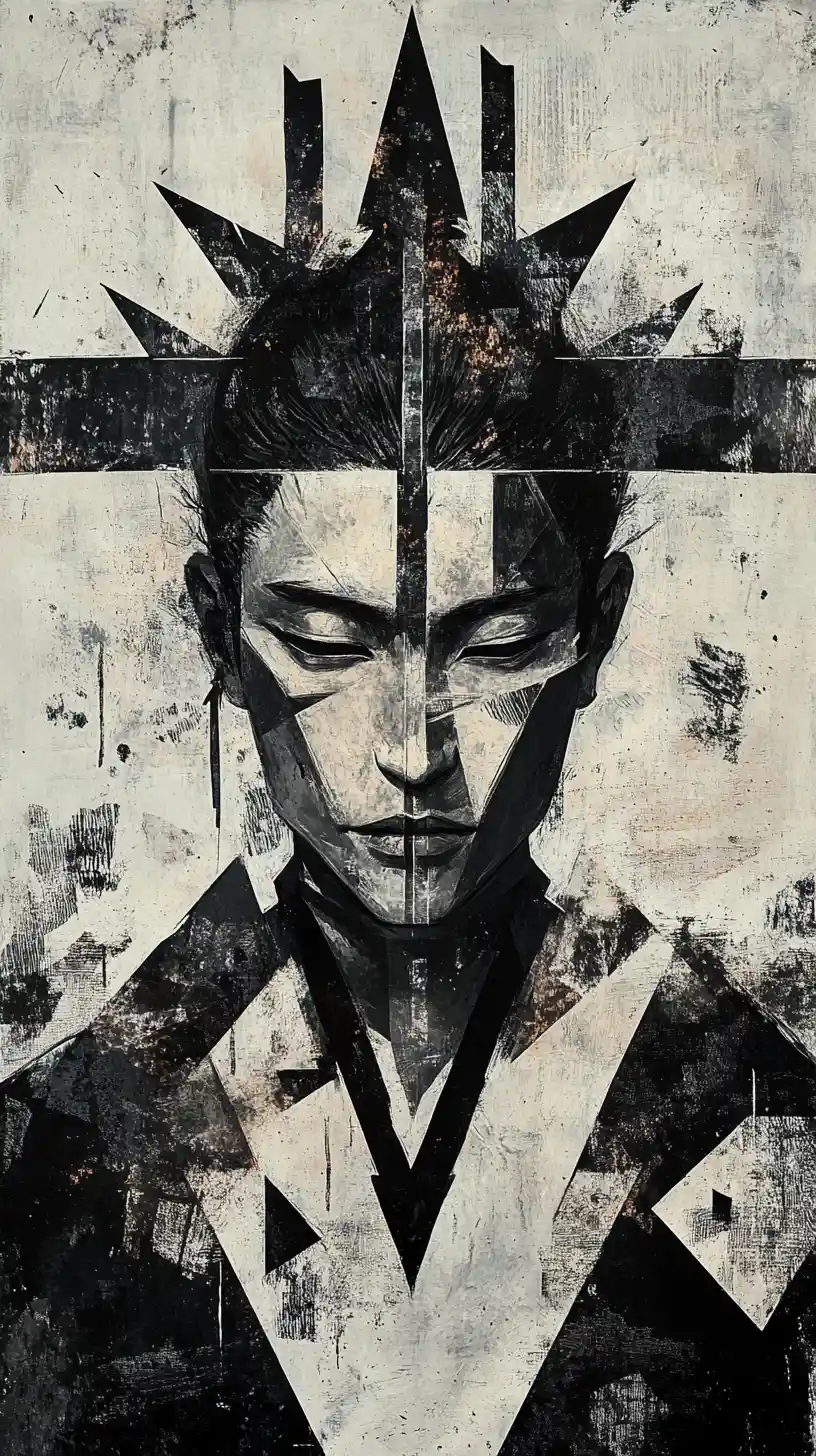 Kubistisches Samurai-Porträt mit gebrochenem abstraktem Hintergrund