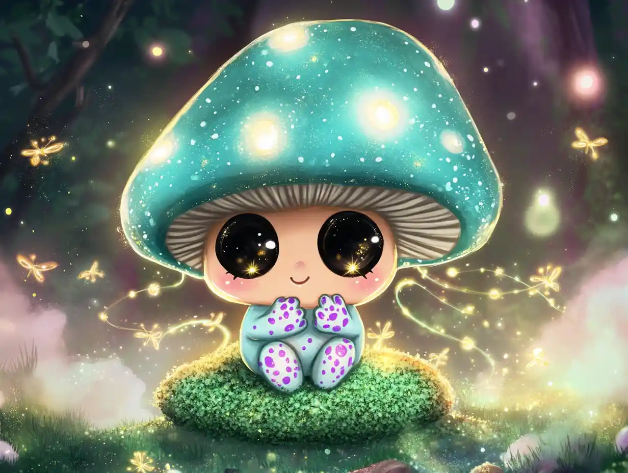 Adorable chibi mushroom spirit on glowing moss cushion