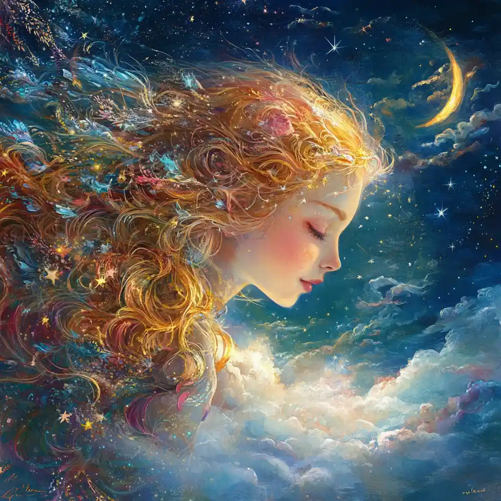 Dreamy golden haired girl playing with stars at night