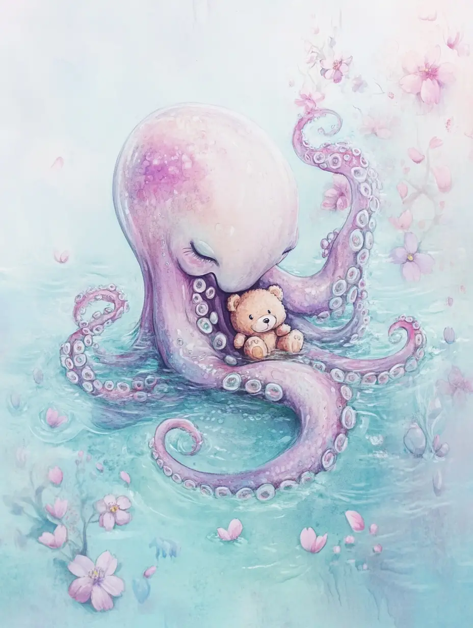 Tiny Pastel Kraken Hugging A Teddy Bear Underwater
