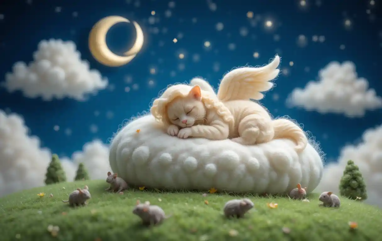 Felted angel cat sleeping on a cloud at night