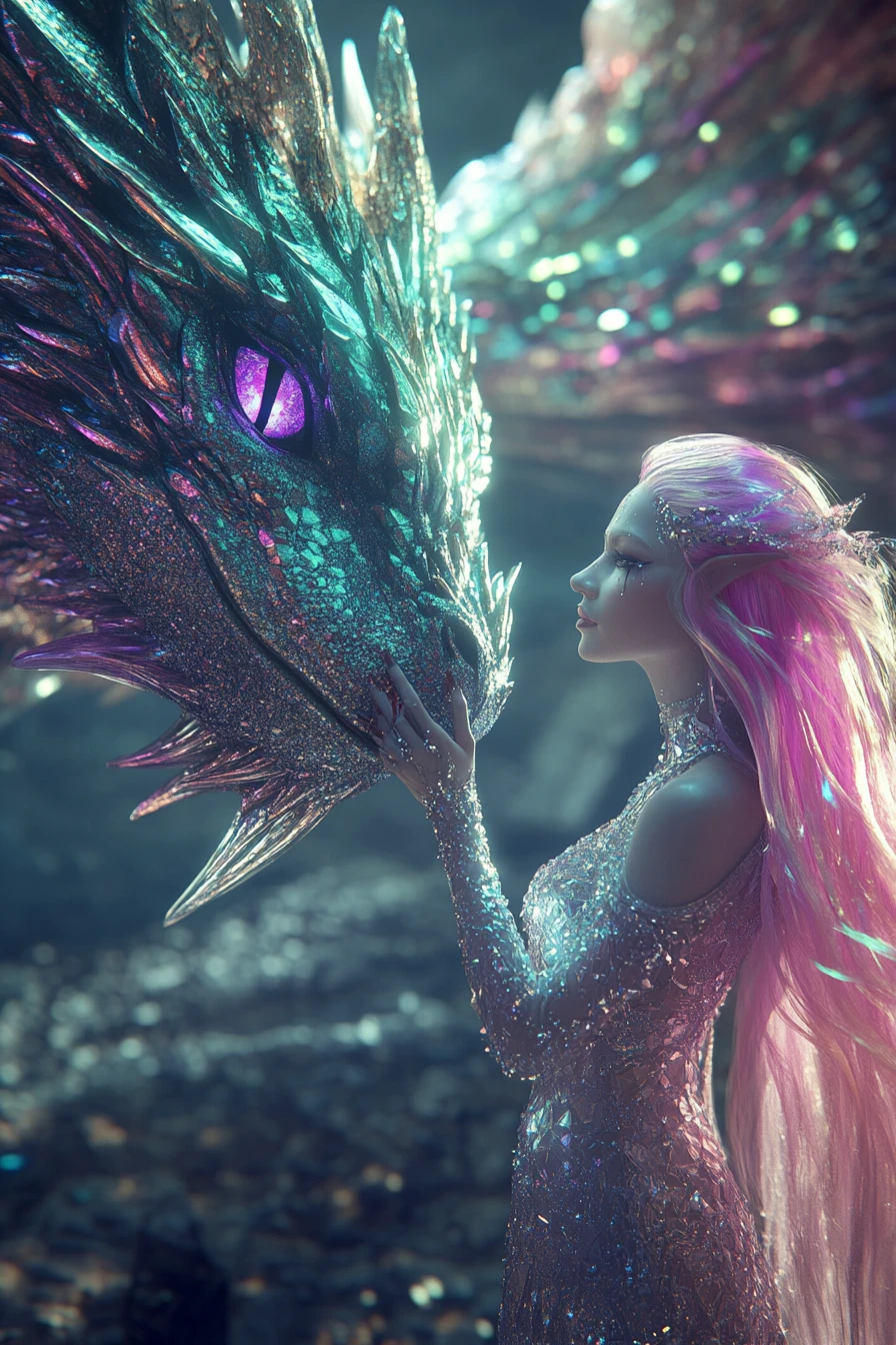Dragon hybrid woman in vast luminous crystal cavern