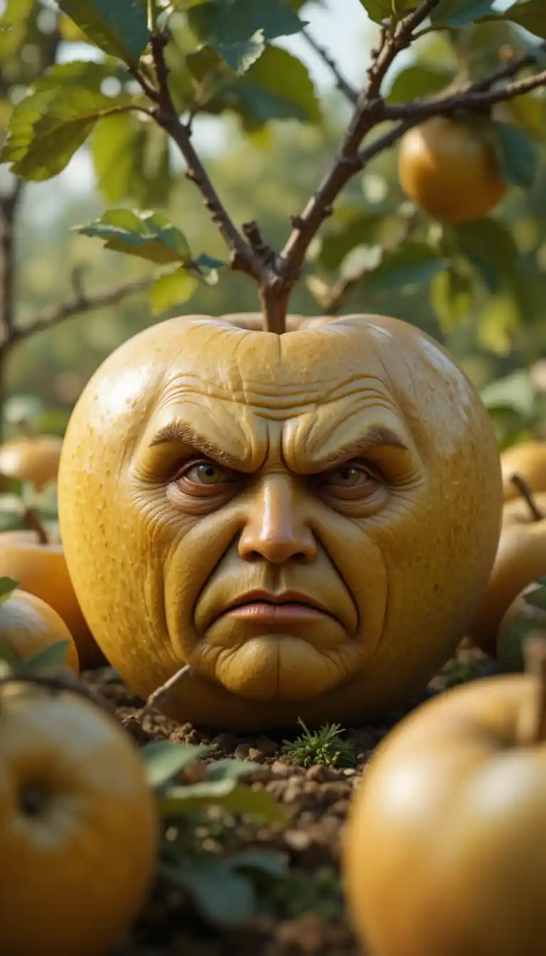 Surreal yellow apple with an elderly mans grim face