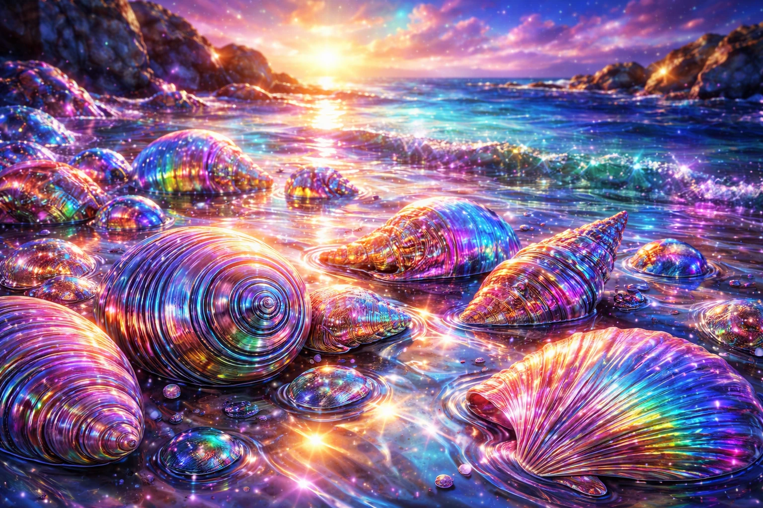 Conchas de colores con cromo metálico y detalles brillantes