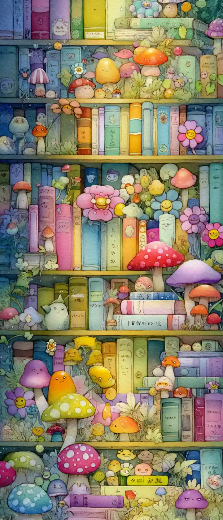 Whimsical anime librarian among blooming smiling storybook shelves