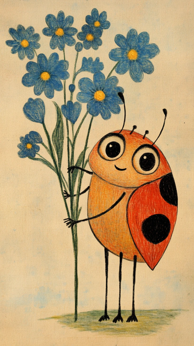 Adorable coccinelle de dessin animé tenant des fleurs bleues et souriant