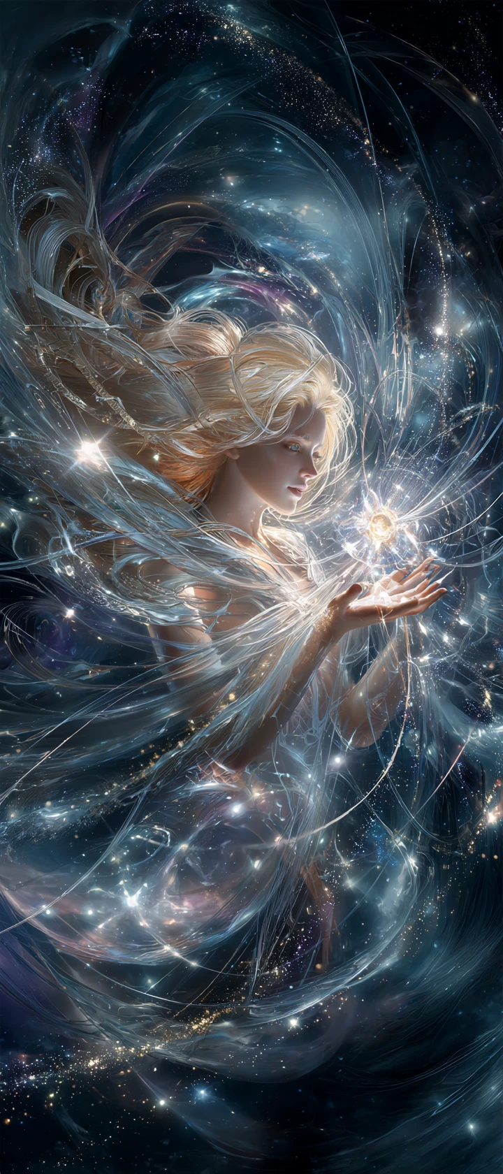 Twin cosmic sisters woven from stardust and liquid gold