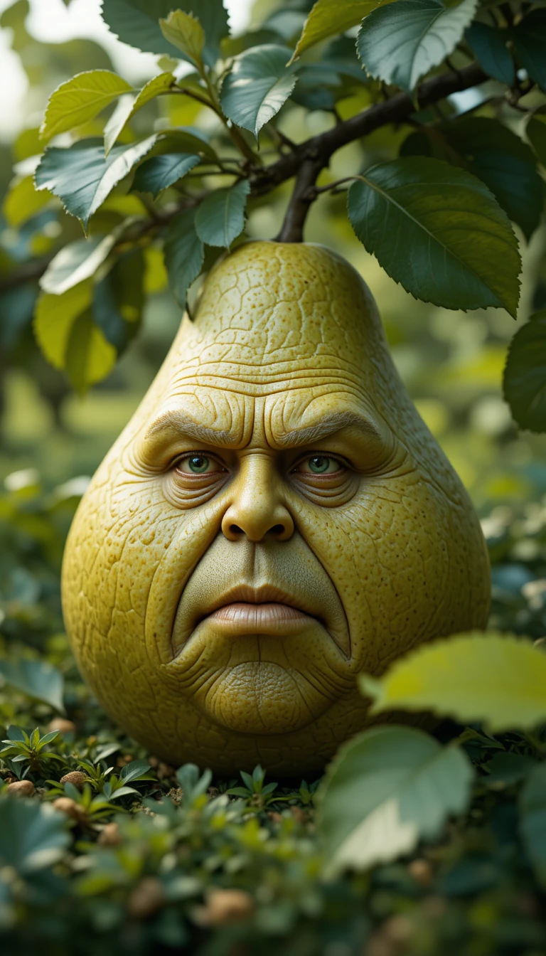 Elderly Face Pear In A Soft Lit Orchard Scene
