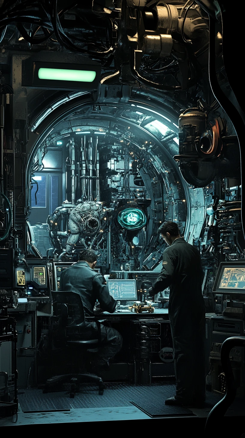 Cyborg figure wired into machines in a dark lab