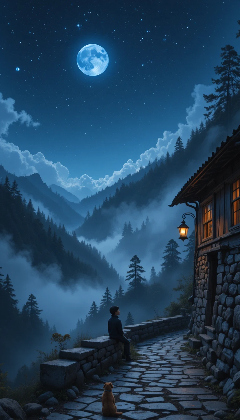 Boy And Dog Under Lantern On Quiet Mountain Lane