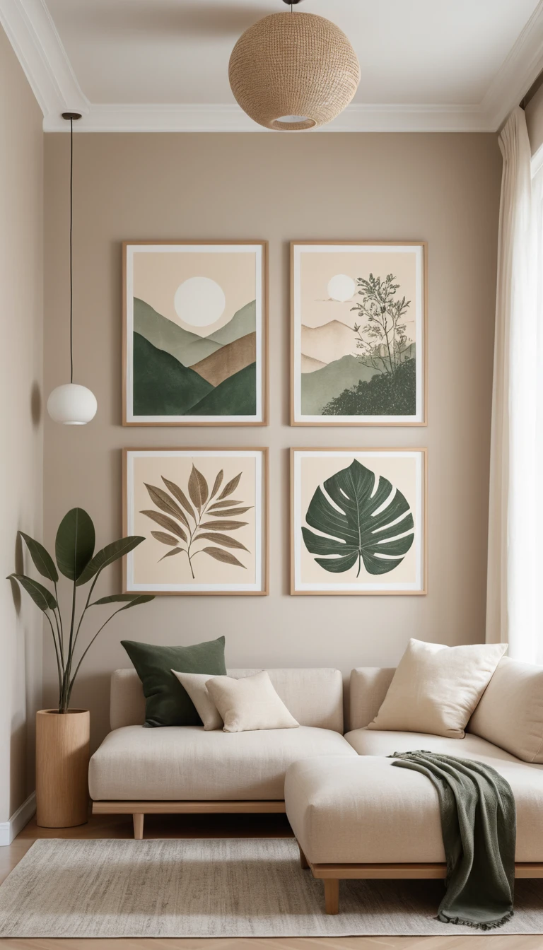 Minimal japandi lounge with framed botanical wall art