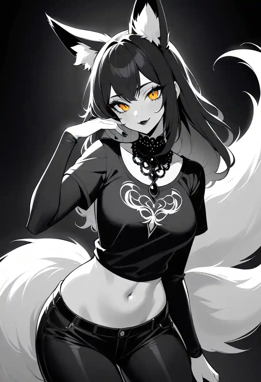Gothic fox woman close up with glowing golden eyes