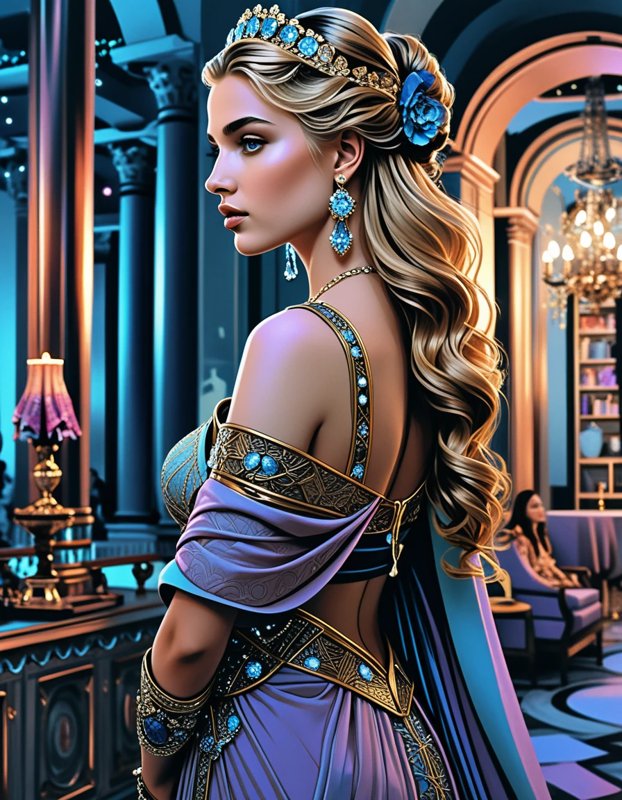 Regal blonde woman in a Roman palace evening banquet