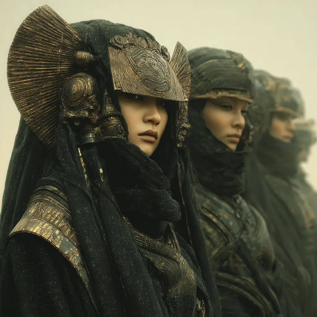 Asian sci fi princess in dark robe on futuristic ship
