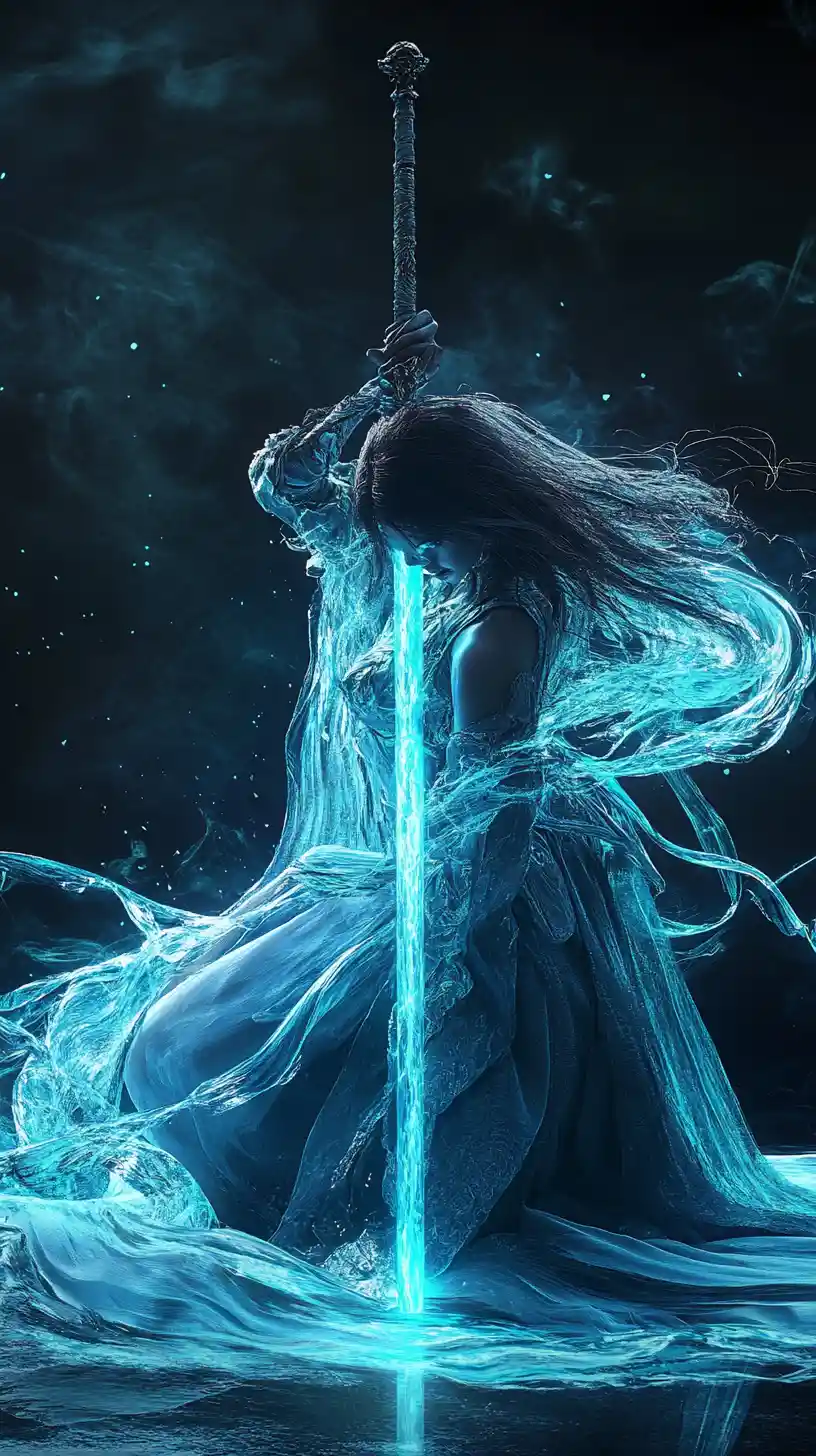 Fantasy warrior woman kneeling with glowing energy sword