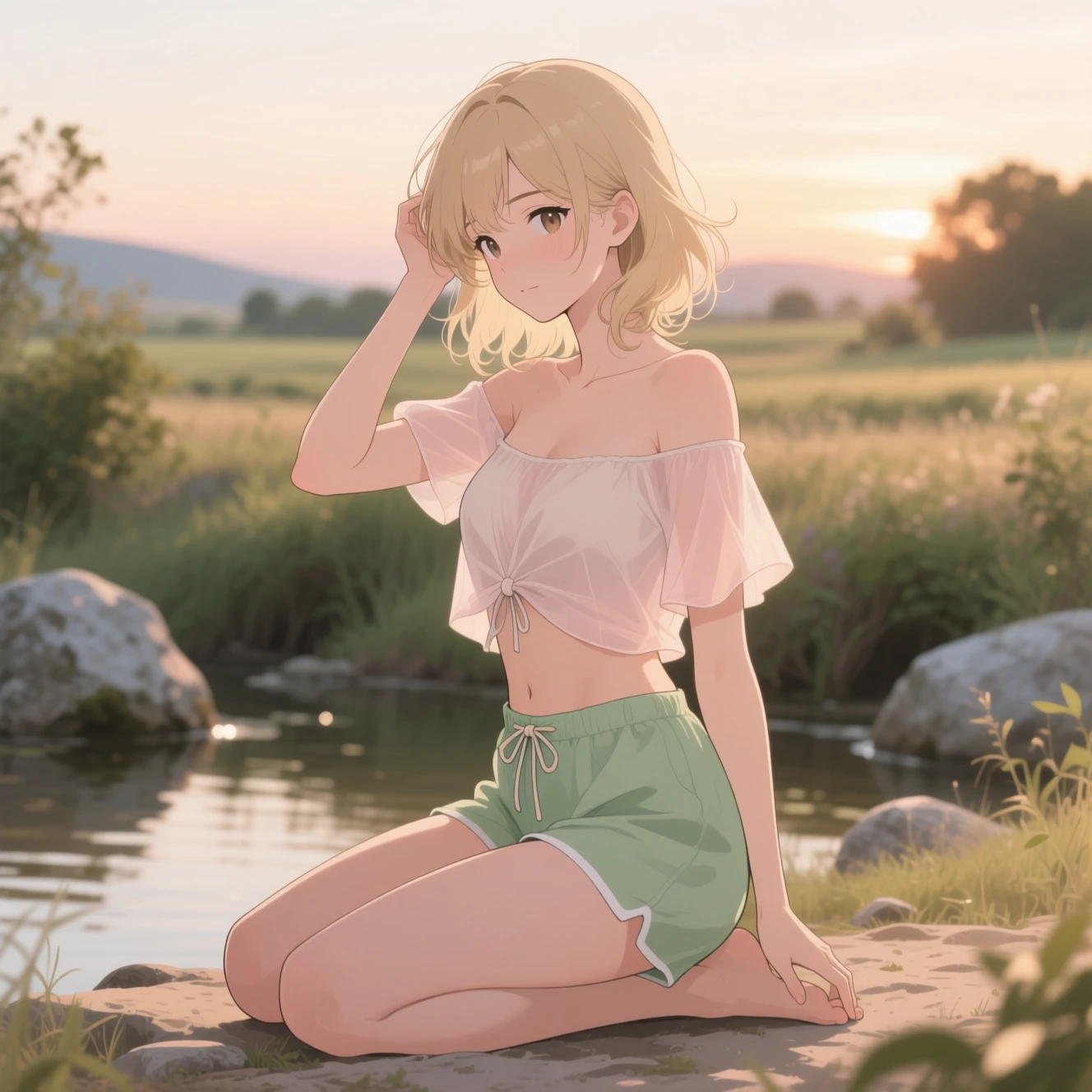 Kneeling Anime Woman By Water At Calm Summer Dusk